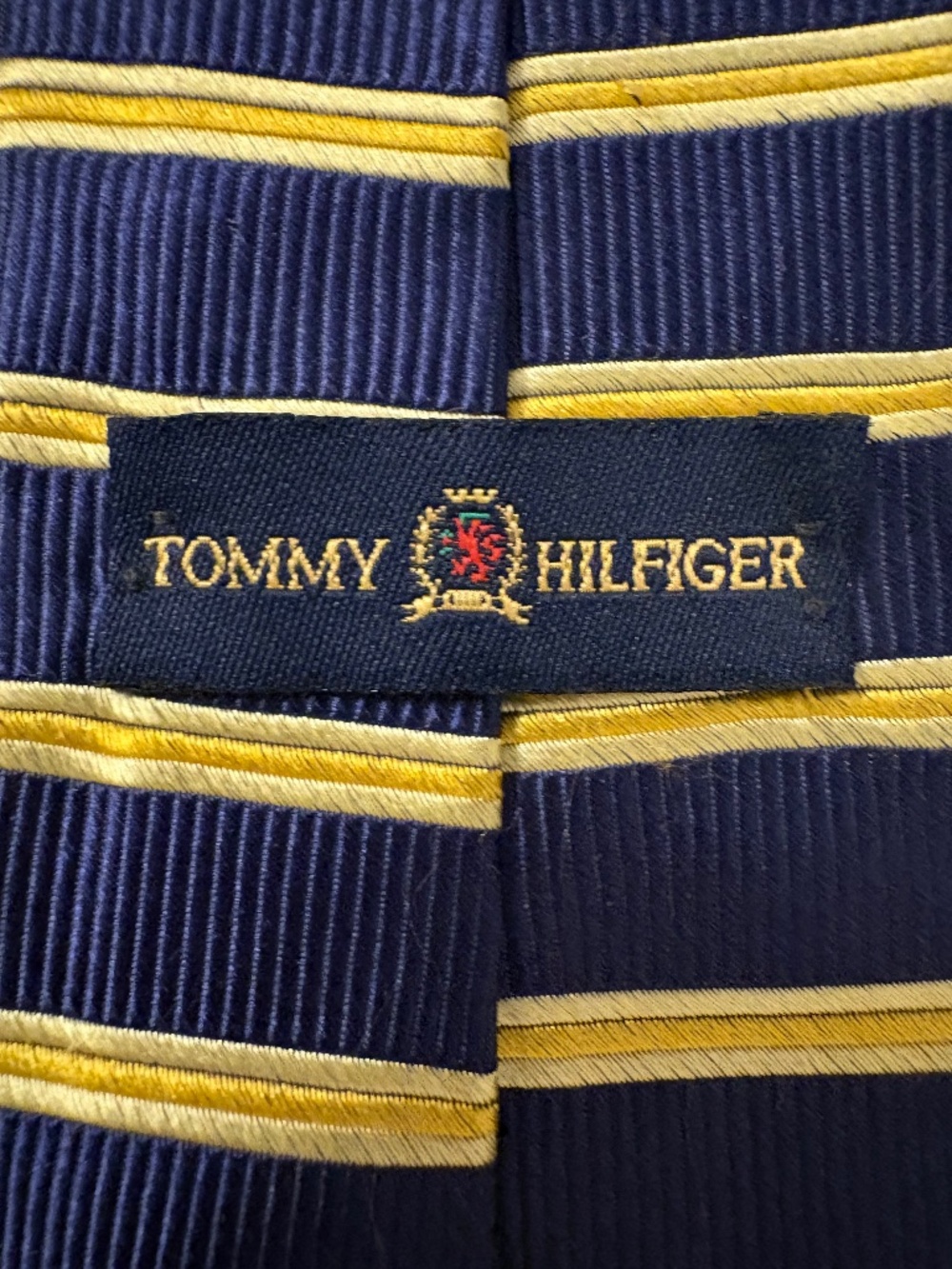 Vintage Tommy Hilfiger Red, Navy Blue & Gold Striped Silk Tie – Made in USA
